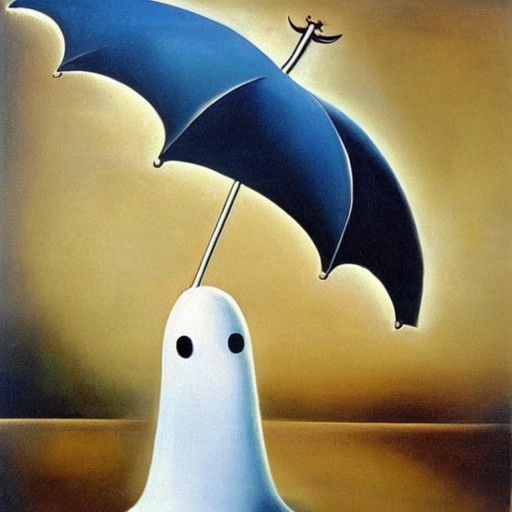 Cute Ghost Under Umbrella in Dali Surrealism