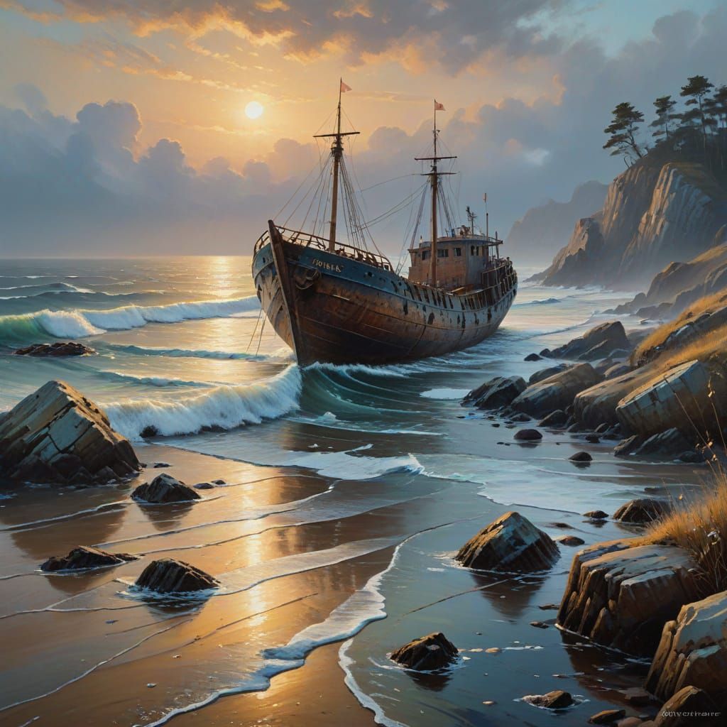 Impressionist Shipwreck at Twilight in Oil Paint