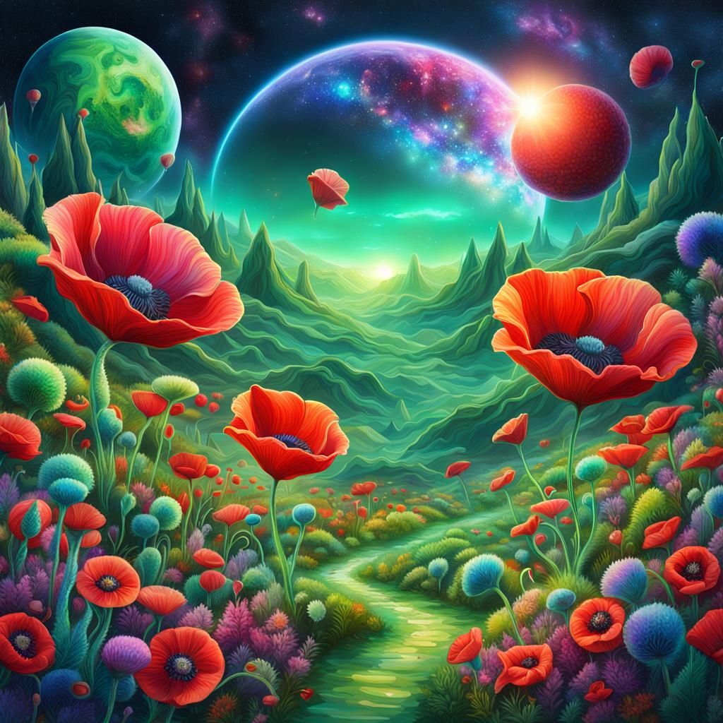 Vibrant Alien Planet with Poppies Illustration
