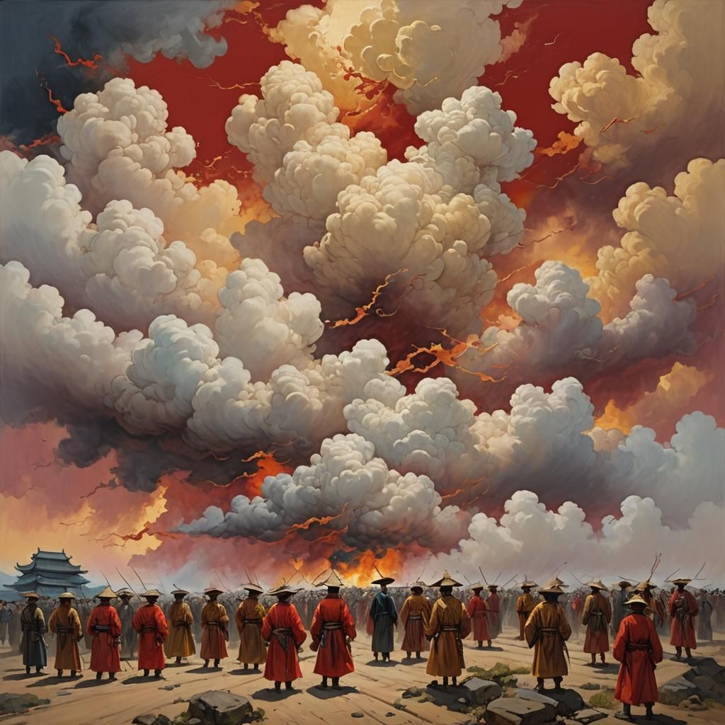 Figures Rise to Celestial Chinese Clouds in Vibrant Oil Pain...