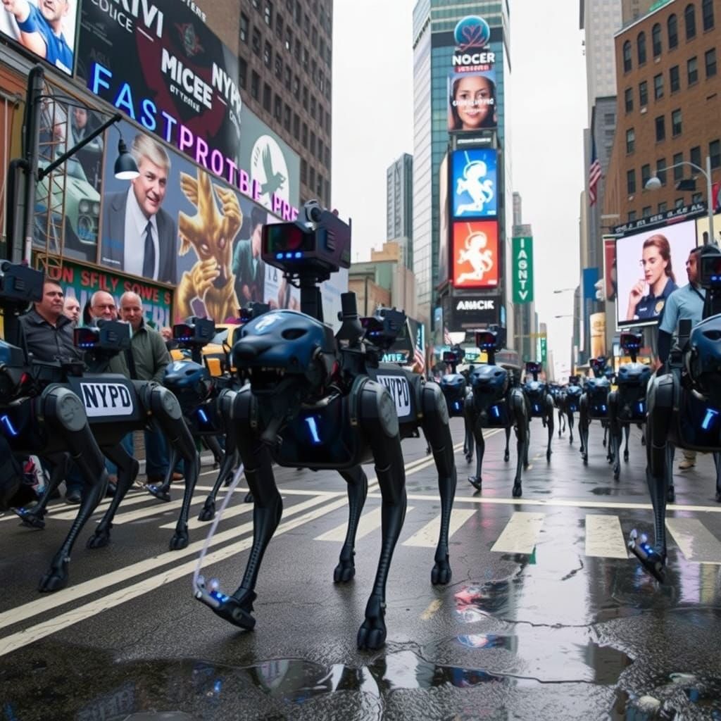 Robotic Police Dogs Patrol Dystopian Manhattan in Futuristic...