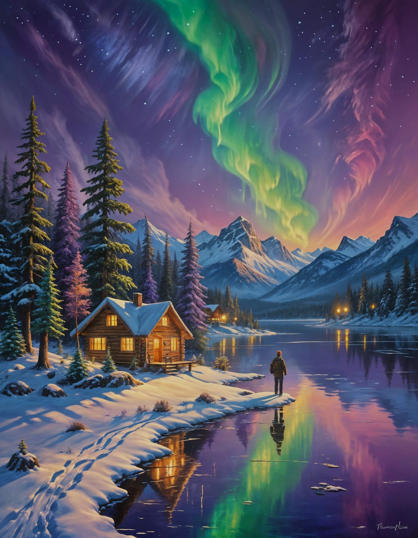 Man Gazes at Northern Lights Over Frozen Lake