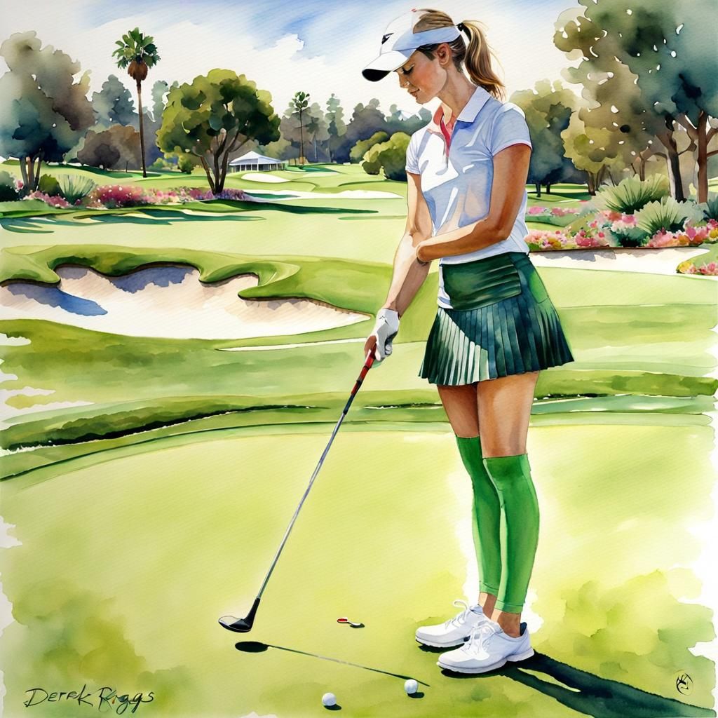 Woman Golfing in Watercolor Style of Derek Riggs