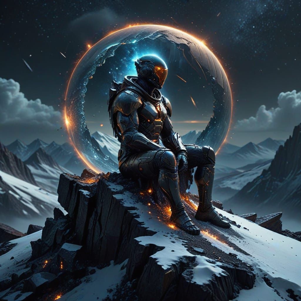 Surreal Figure on Snowy Peak in Digital Art