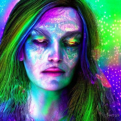 Fairy Woman with Marbled Eyes in Rainbow Forest