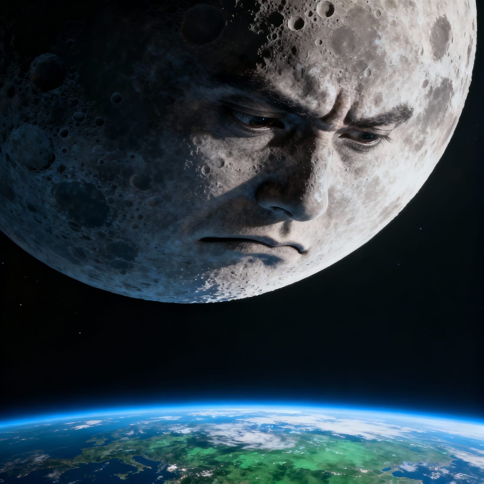 The Man in the Moon Frowns at Earth in Hyperrealistic Detail