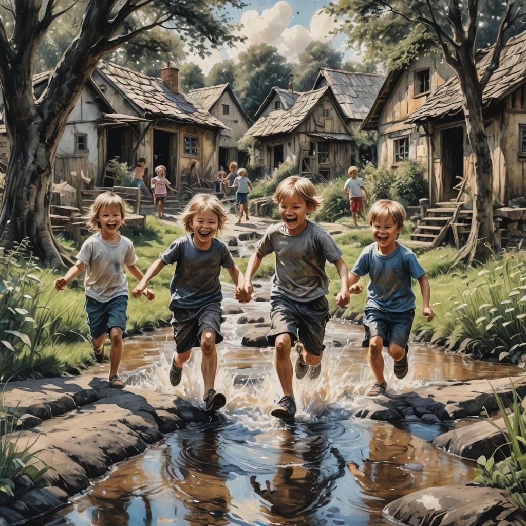 Children Playing in Hamlet: Charcoal Drawing in 8K