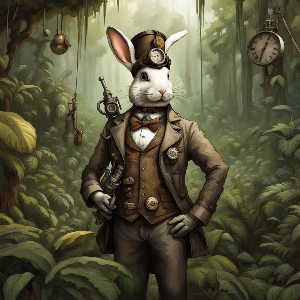 Steampunk Rabbit Soldier in Jungle Environment
