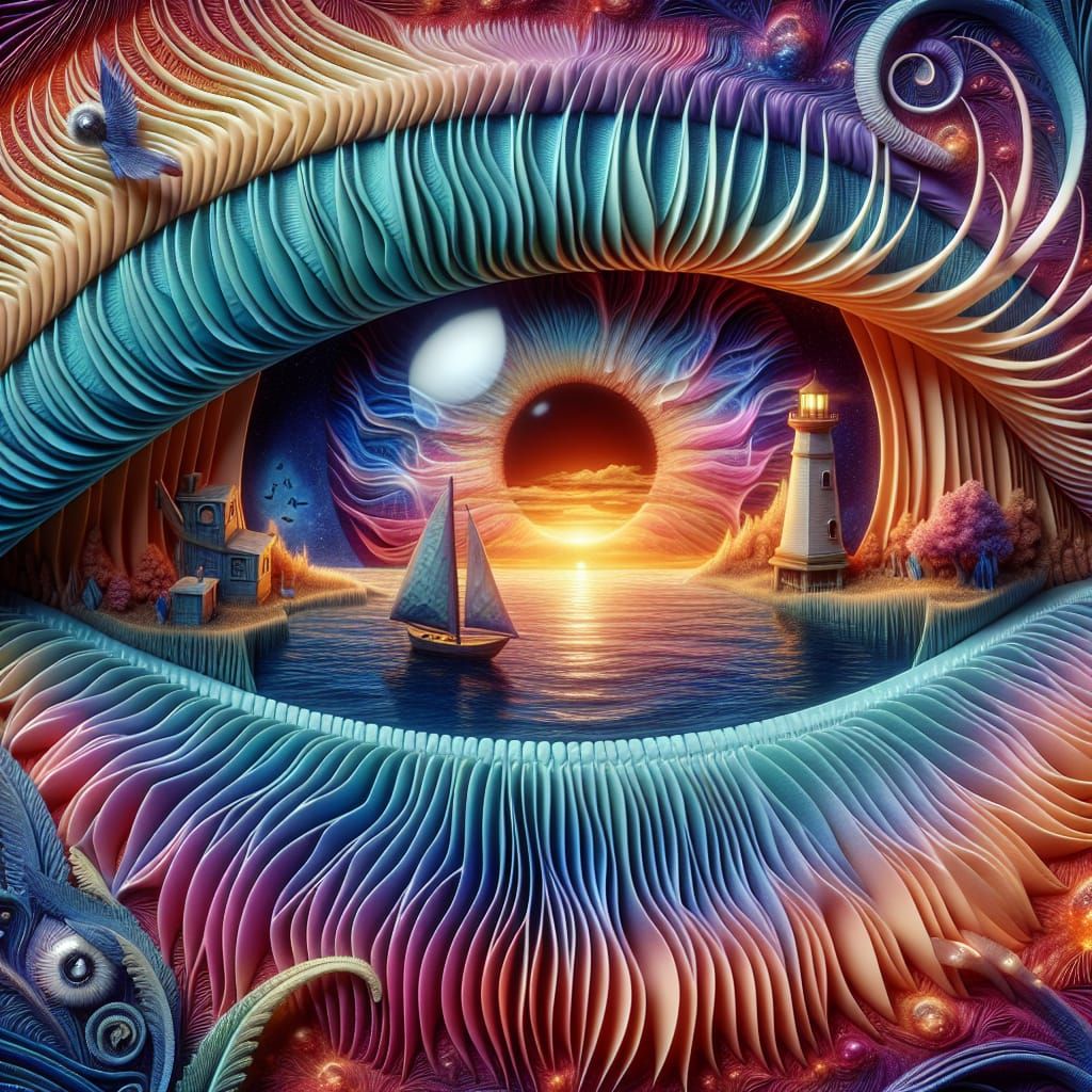 Surreal Birefringent Eyescape with Sunset Oceanscape