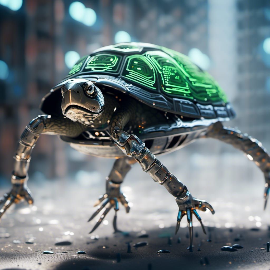 Sweaty Sci-Fi Cyborg Turtle Running at Super Sonic Speed