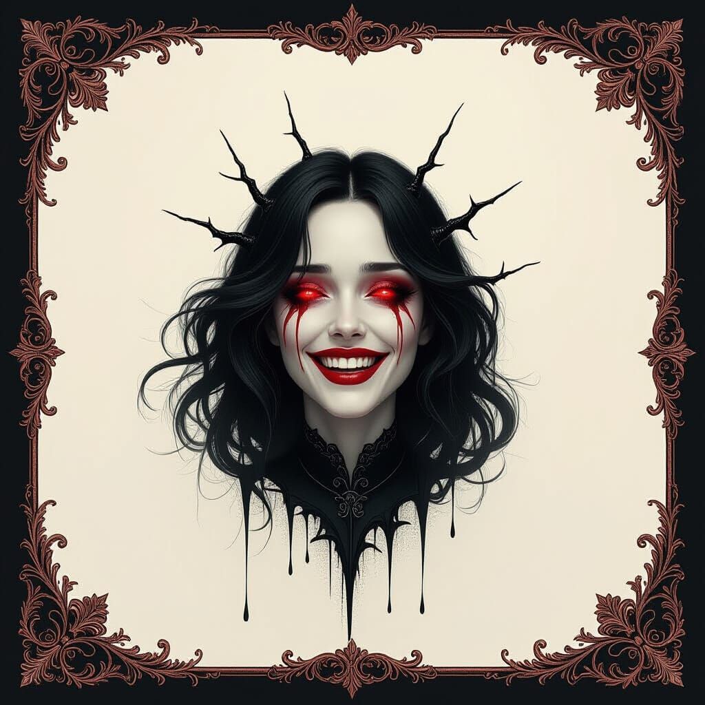 Dark Fantasy Woman Laughing in Madness with Crimson Eyes