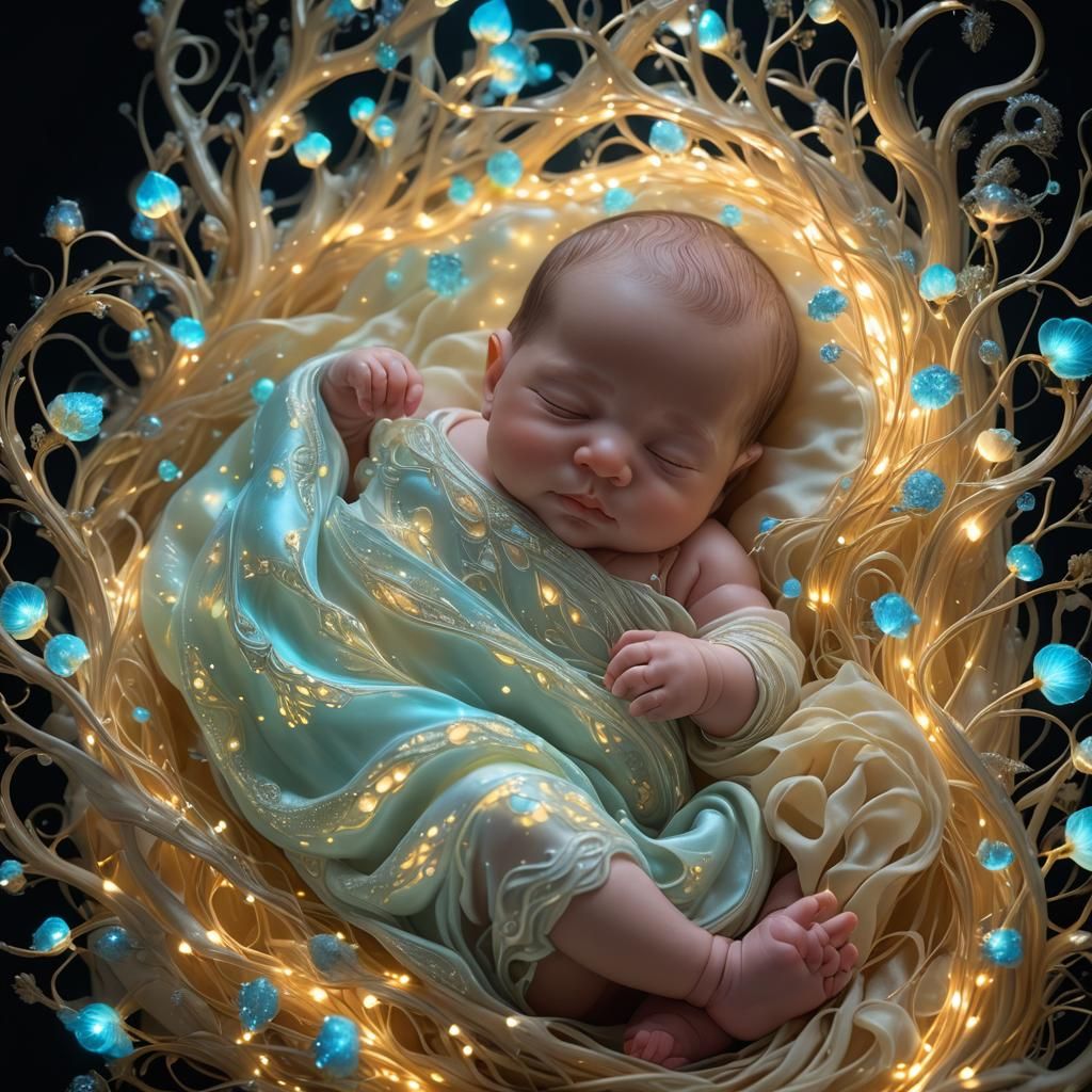 Radiant Sleeping Baby in Bioluminescent Light