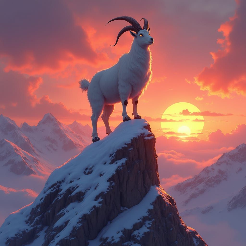 Triumphant Anime ManBearGoat on Snowy Mountain Peak