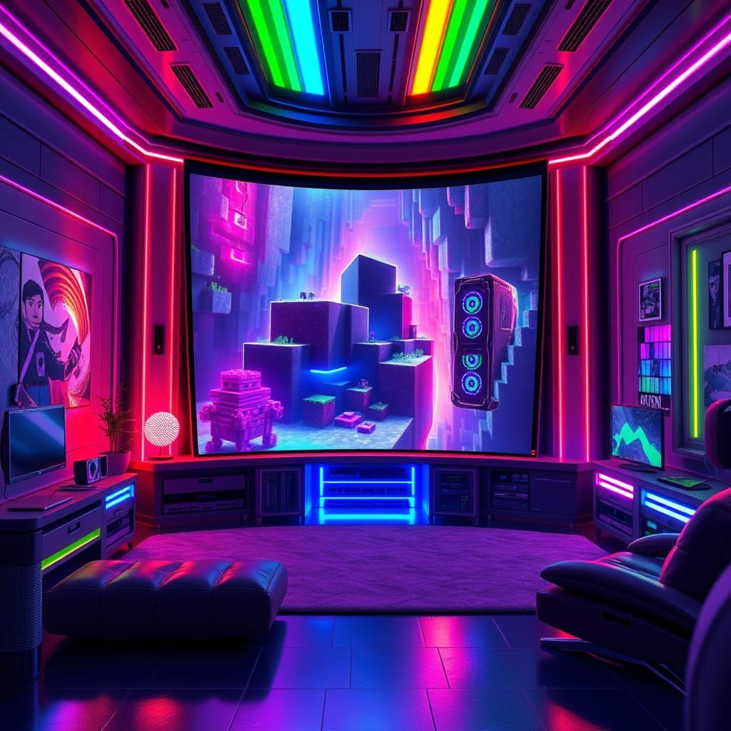 Futuristic Gaming Room in Neon Hues with Giant Computer and ...