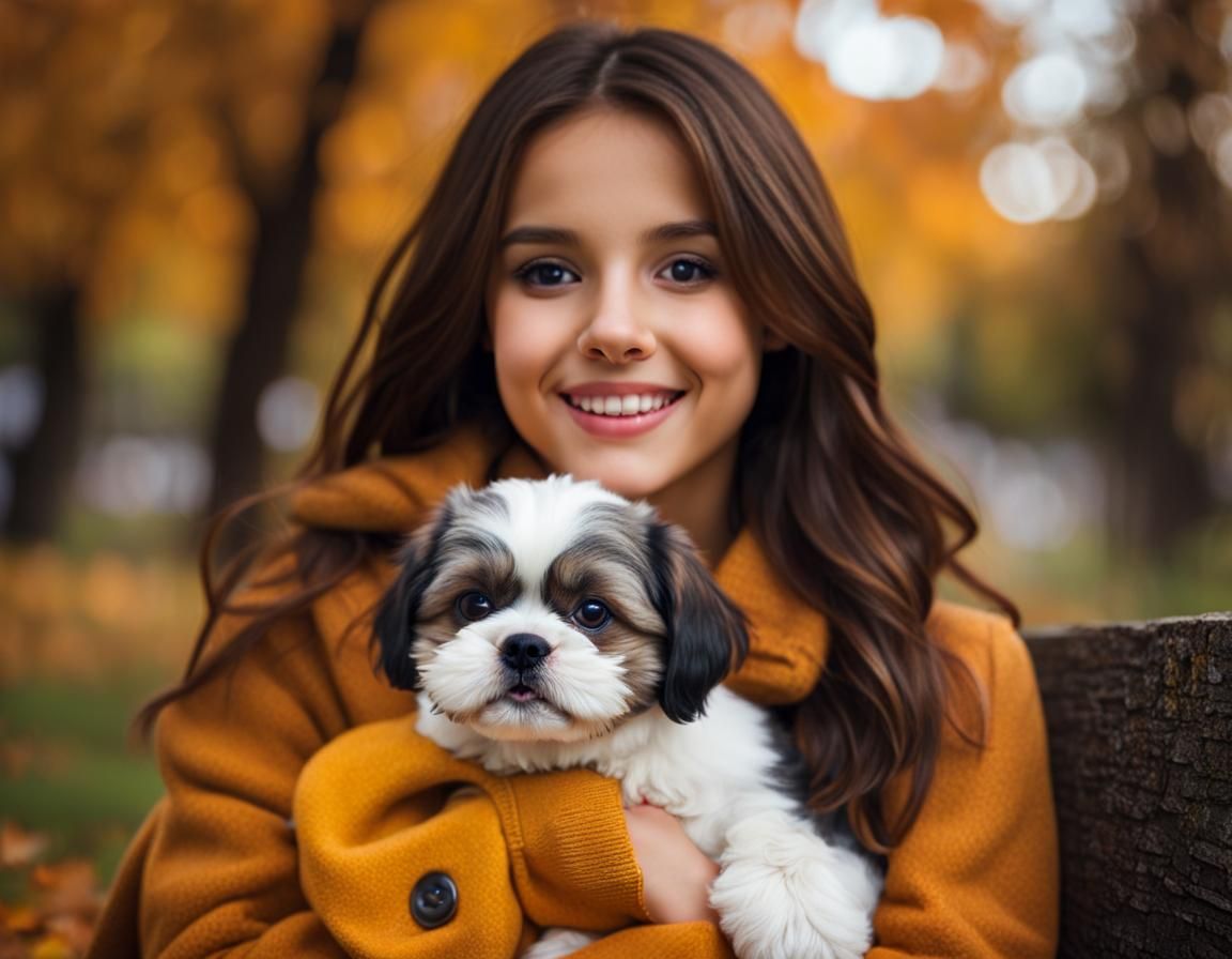 Girl with White Shih Tzu Puppy Portrait