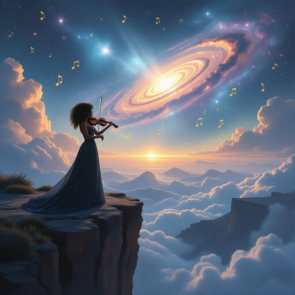 Afro-Latina Violinist on Cliff Overlooking Galaxy