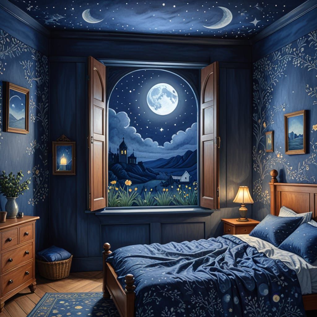 Dreamy Blue Bedroom at Sunset