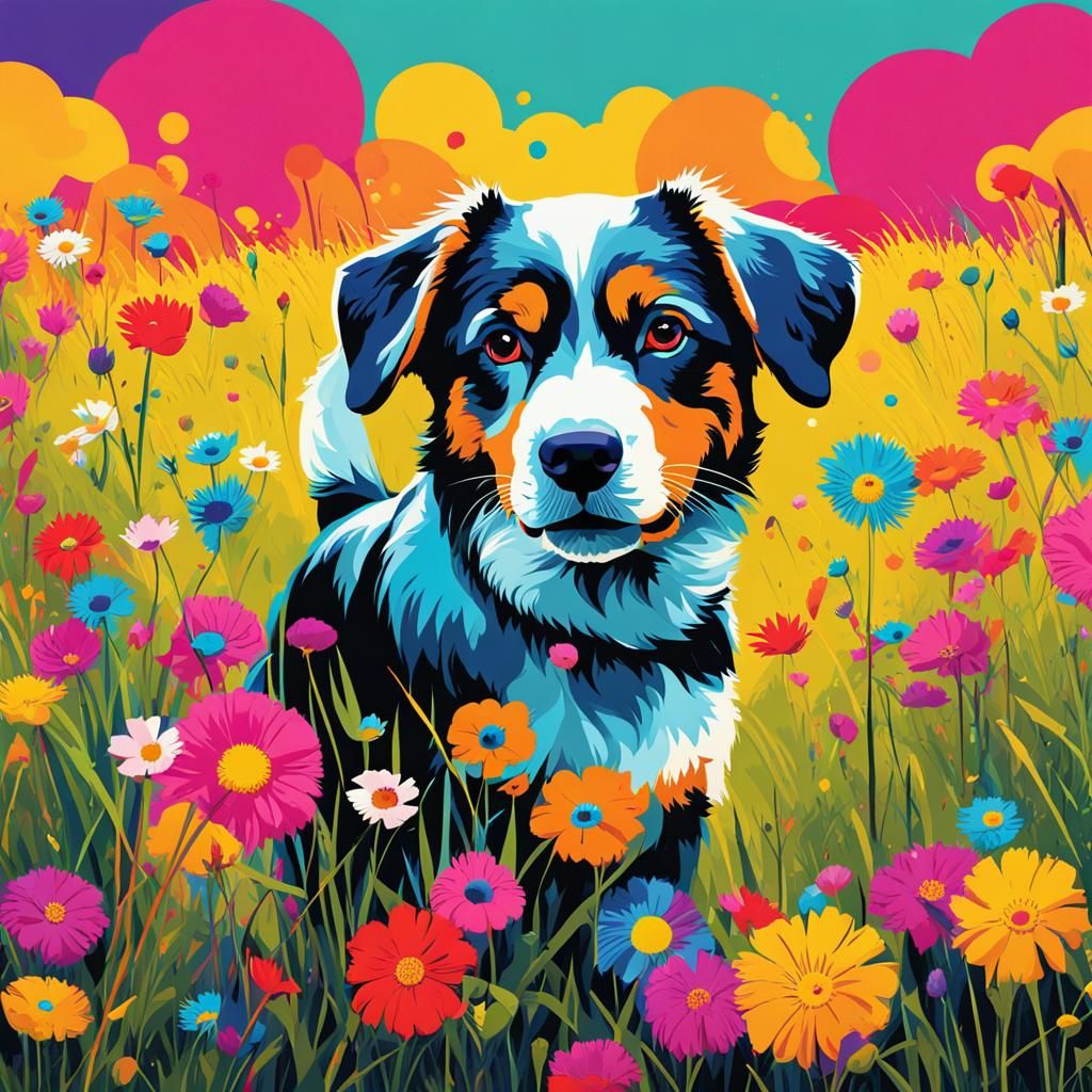 Cute Dog in Meadow: Pop Art Screen Print