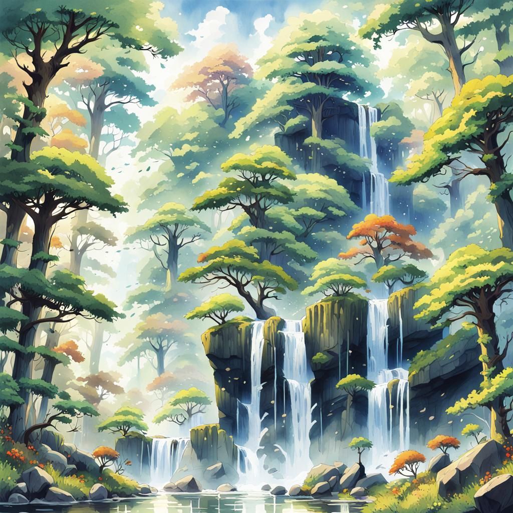 Serene Waterfall in Vibrant Forest Landscape