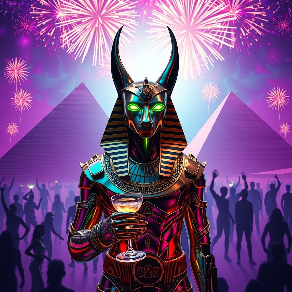 Cyberpunk Anubis in Kaleidoscopic Giza Pyramids Spectacle