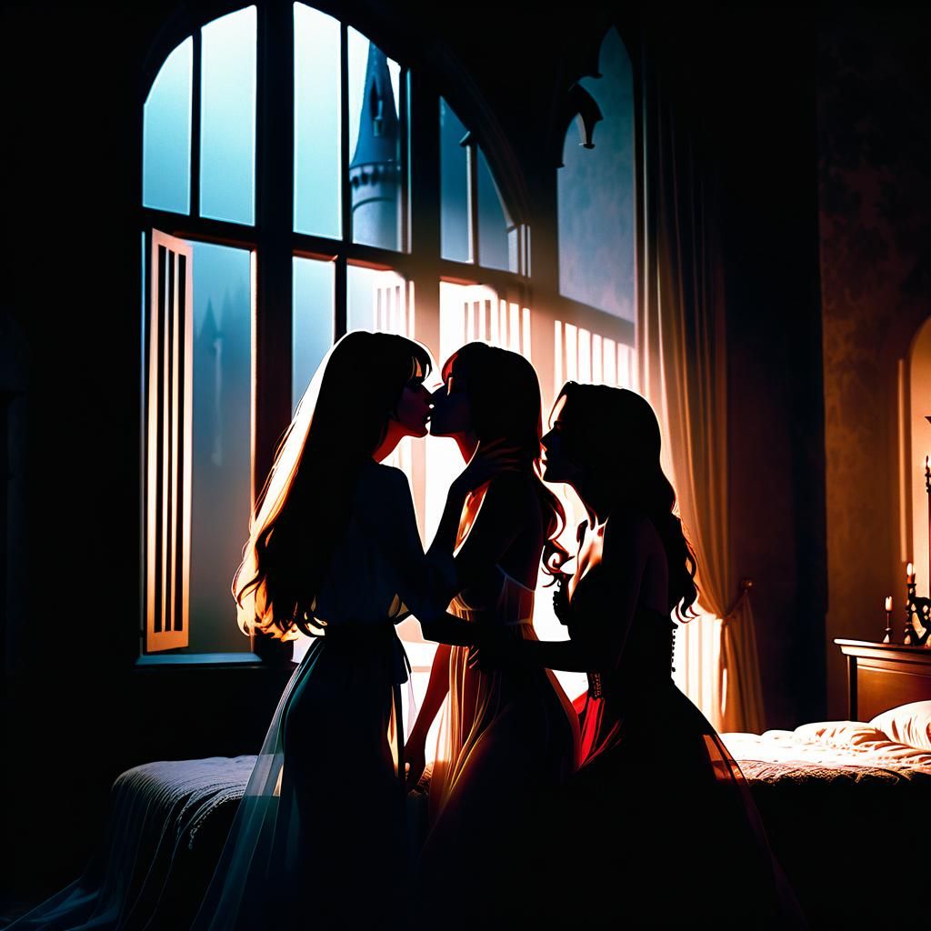 Romantic Horror: Vampires Kissing in Castle Bedroom