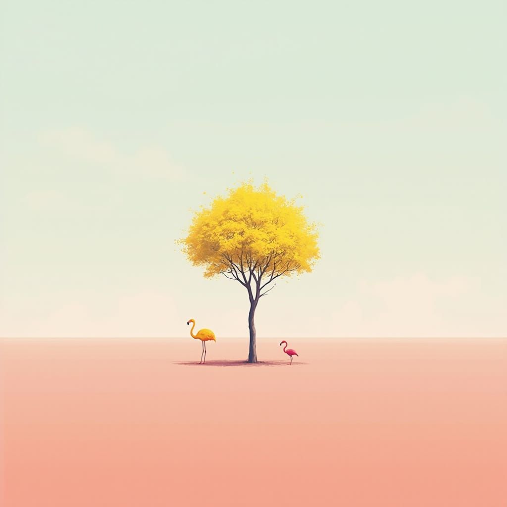 Minimalist Lemon Tree with Flamingo in Abstract Style