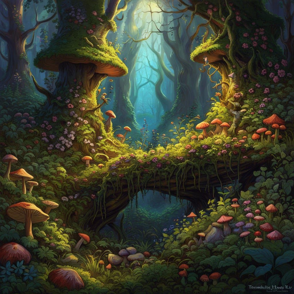 Fairytale Canine in Overgrown Forest: Detailed Line Art