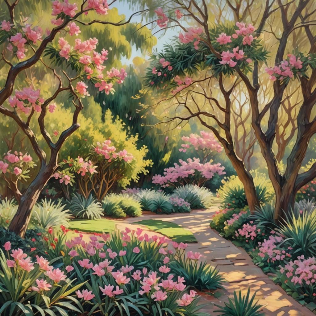 Oleander Trees in Garden: Impressionist Oil Painting