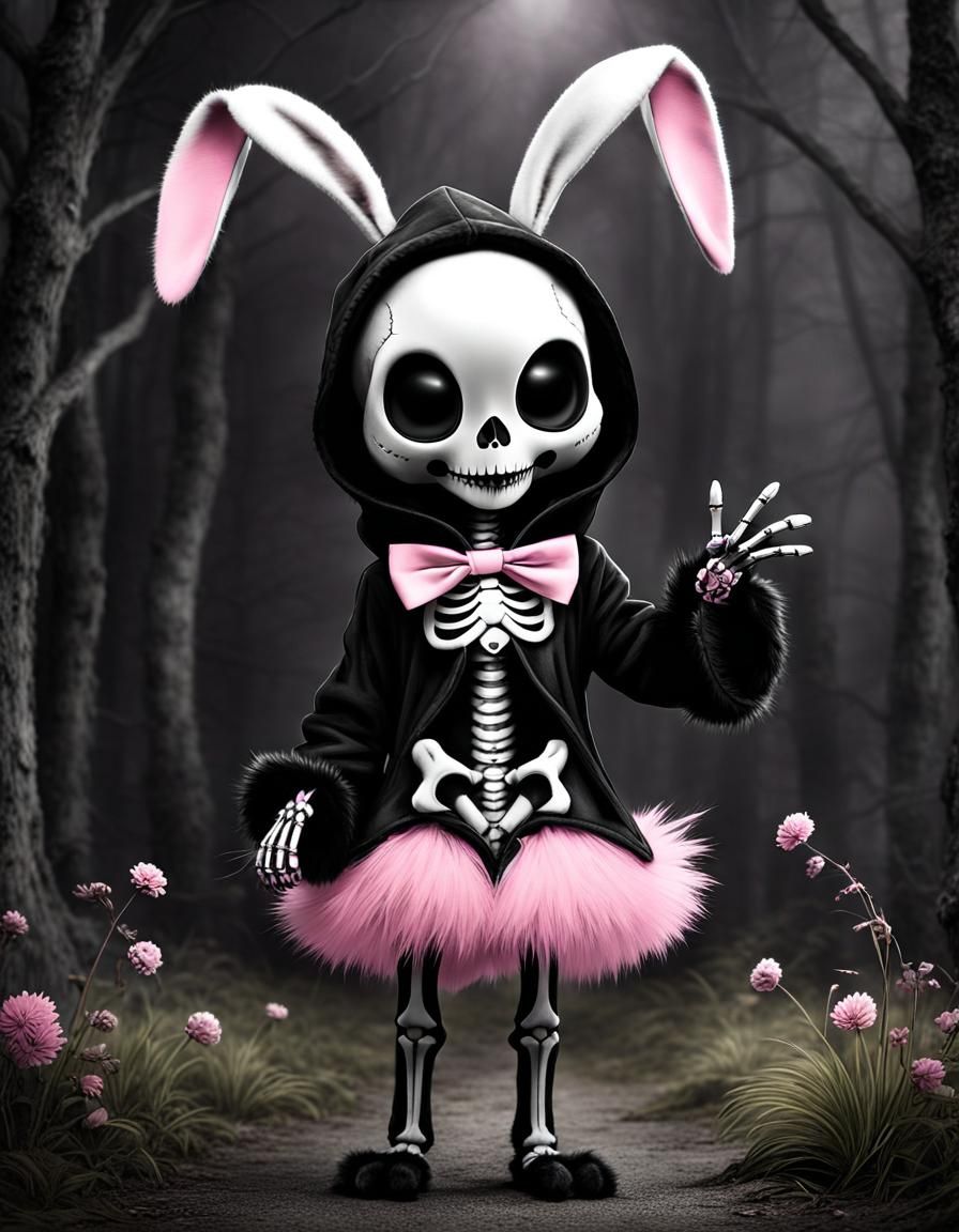 Gothic Skeleton in Bunny Suit, Selective Color Art