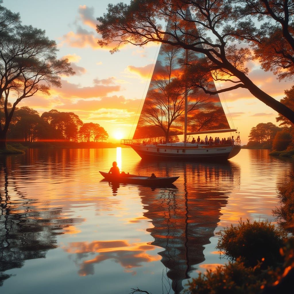 Surreal Double Exposure: Woman, Yacht, and Sunset