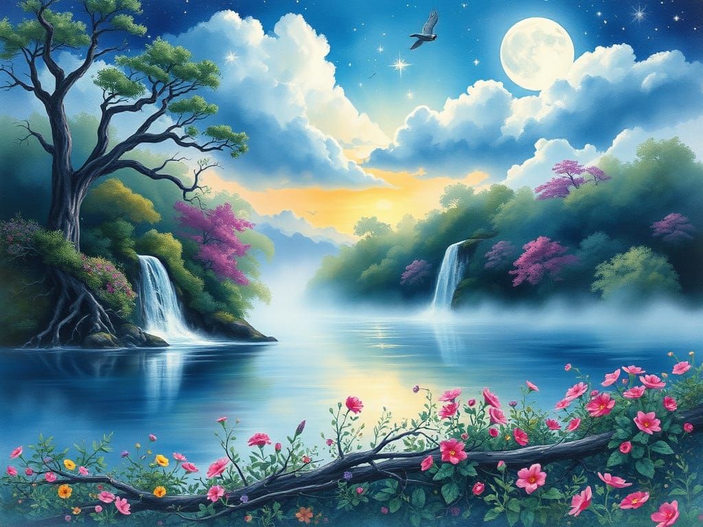 Dreamy Watercolor Moonrise over a Serene Lake