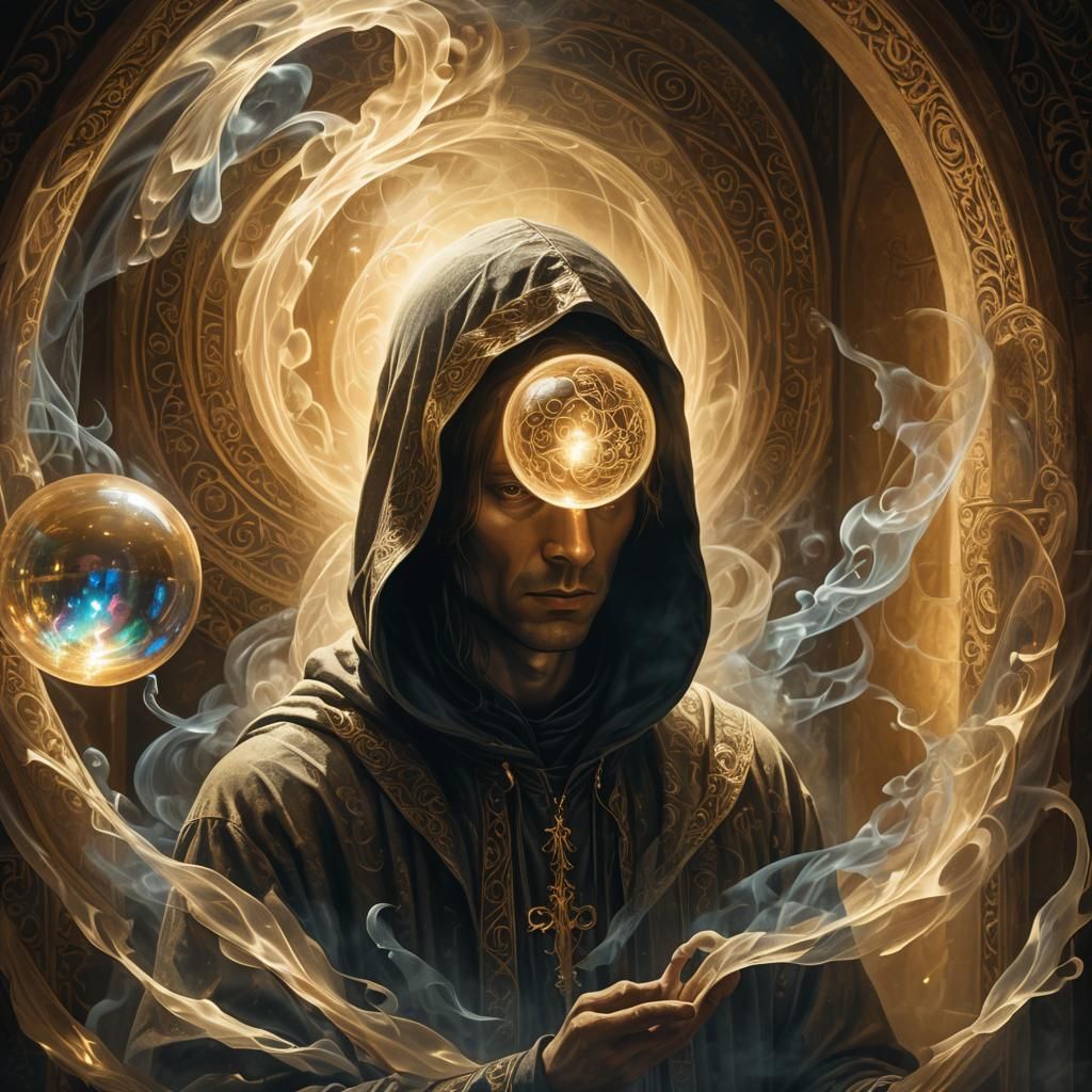 Mystical Hooded Figure Holding Glowing Orb in Surreal Chambe...
