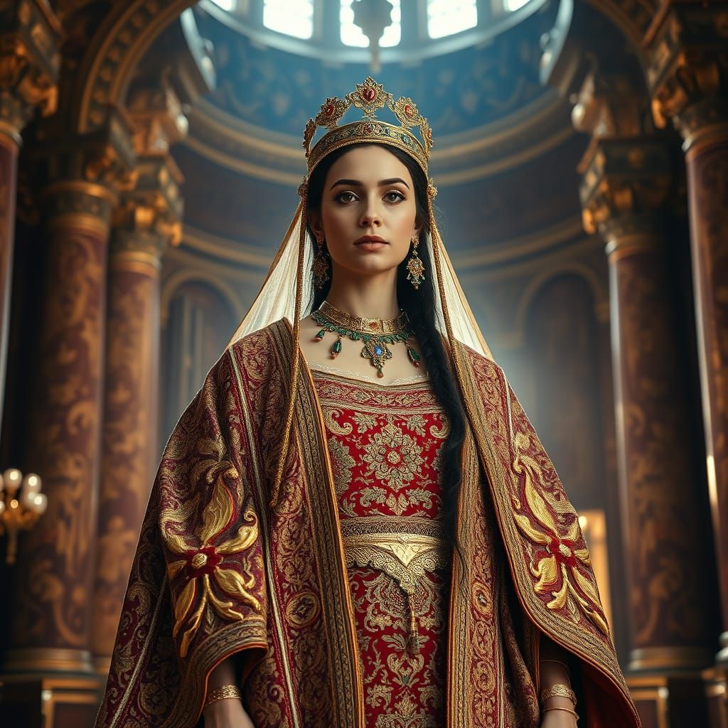 Royal Persian Queen in Opulent Throne Room