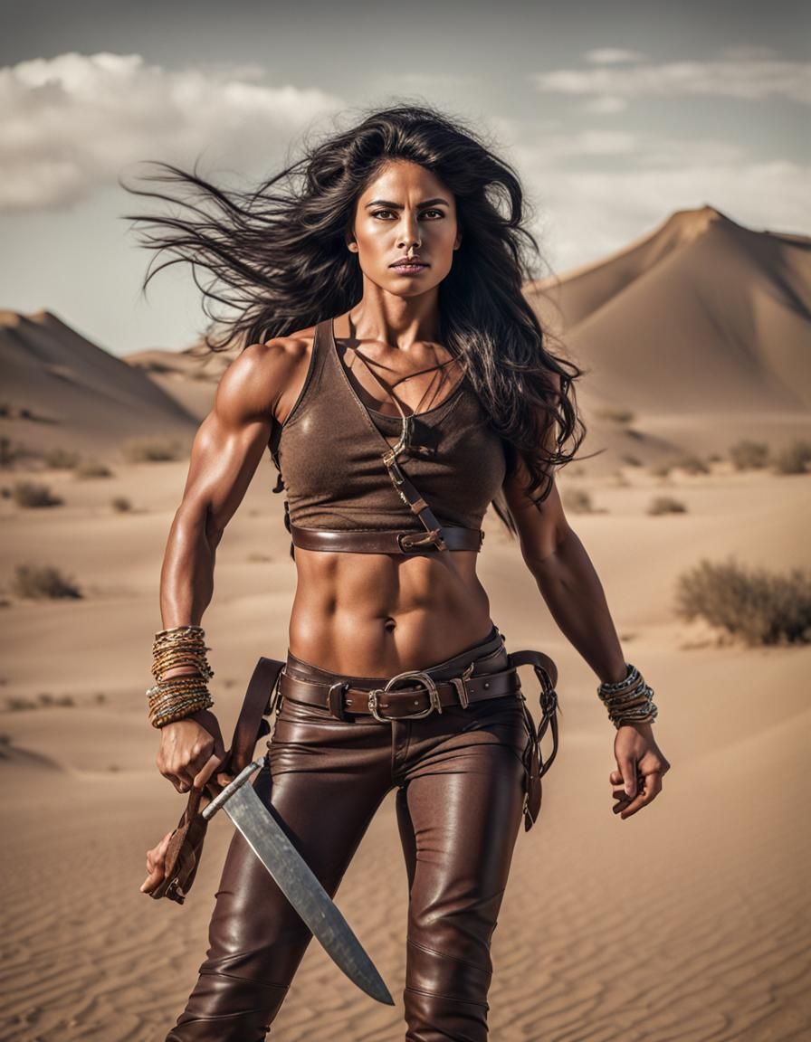 Latina Warrior in Desert Sunrise, Photorealistic Fantasy