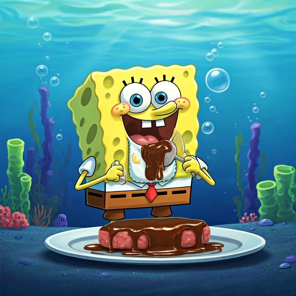 SpongeBob SquarePants Eating Steak with Chocolate Sauce