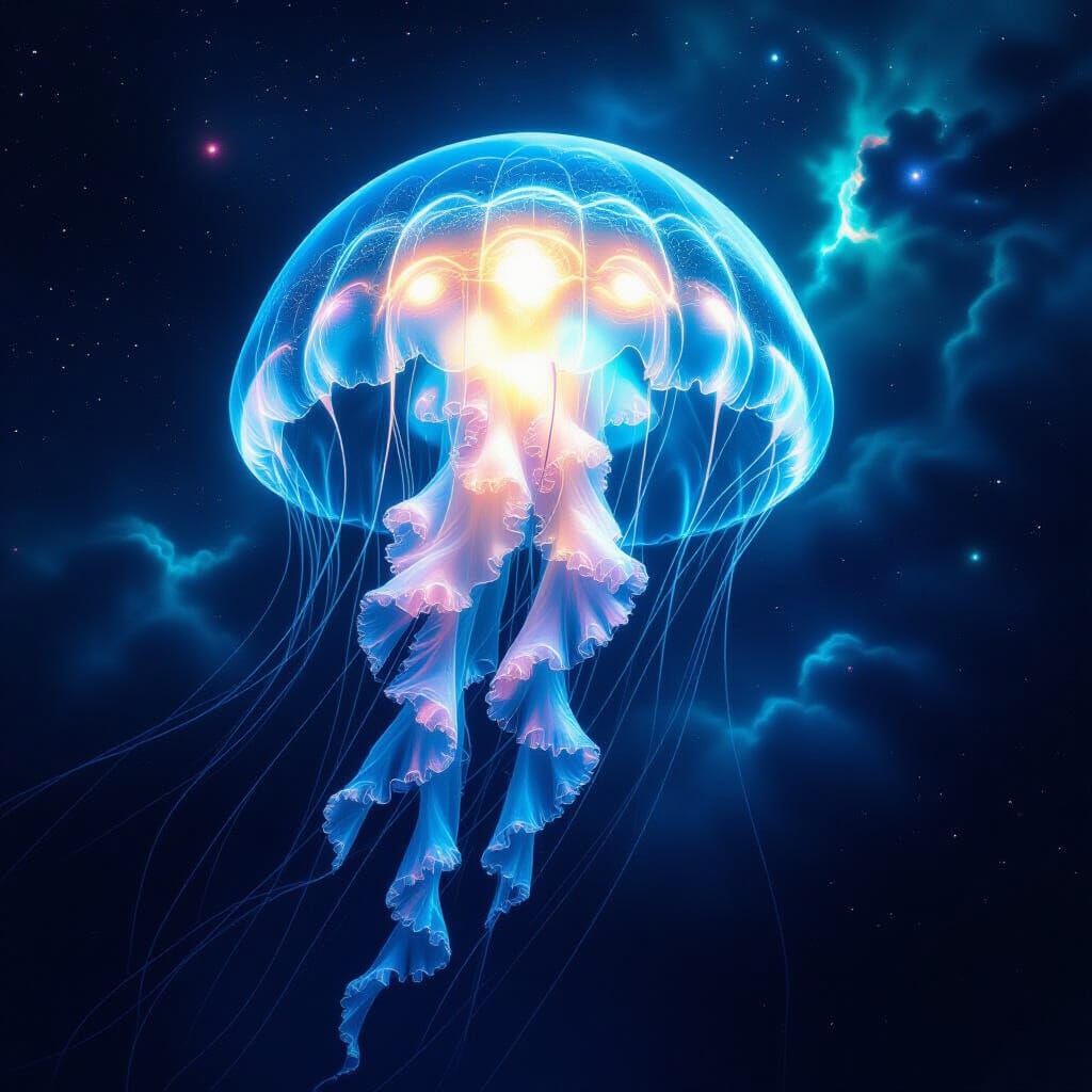 Bioluminescent Jellyfish Floats Through Deep Space
