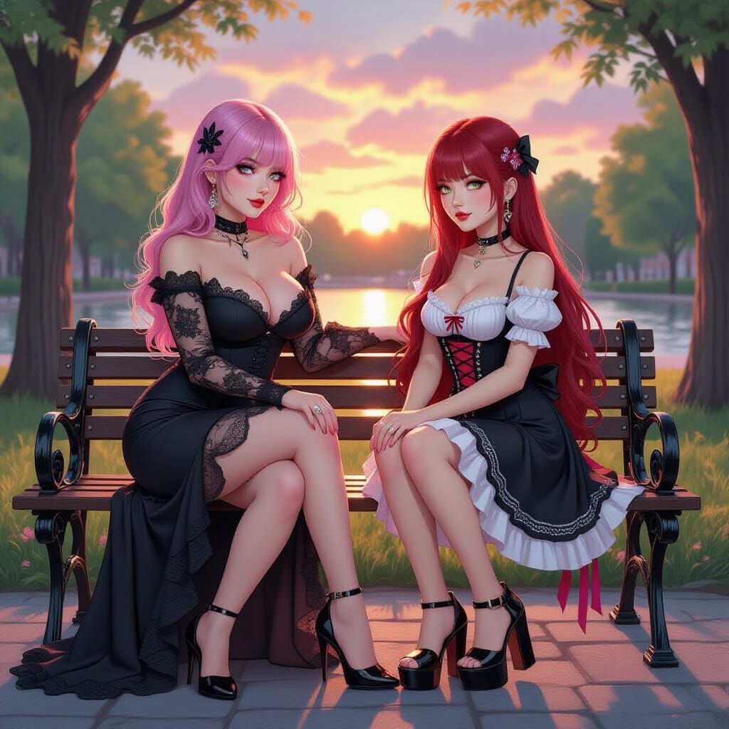 Gothic & Jirai Kei Women Watch Sunset in Watercolor