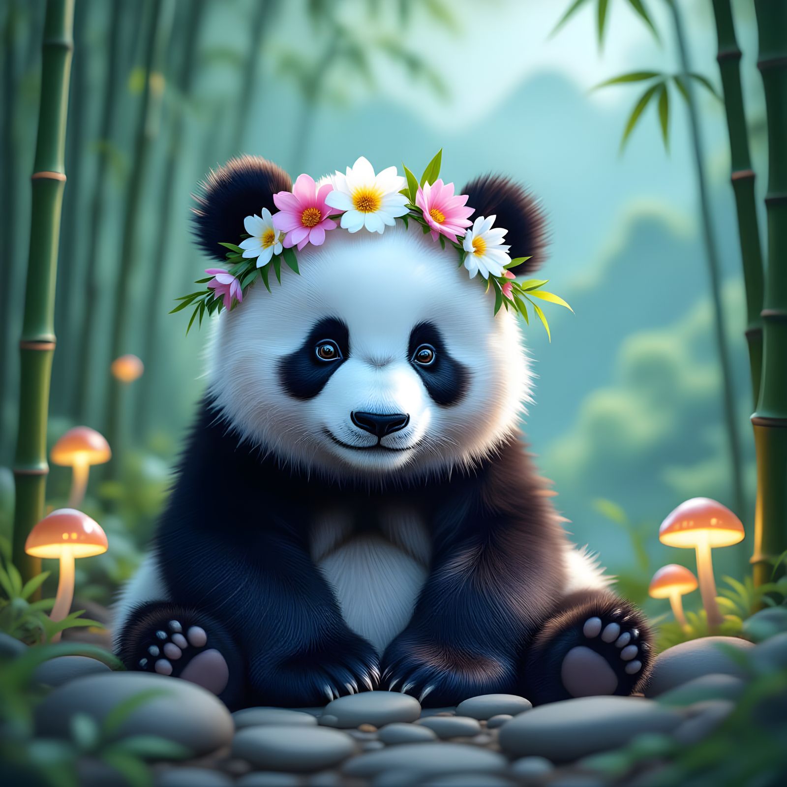 Iridescent Panda in Tranquil Bamboo Forest