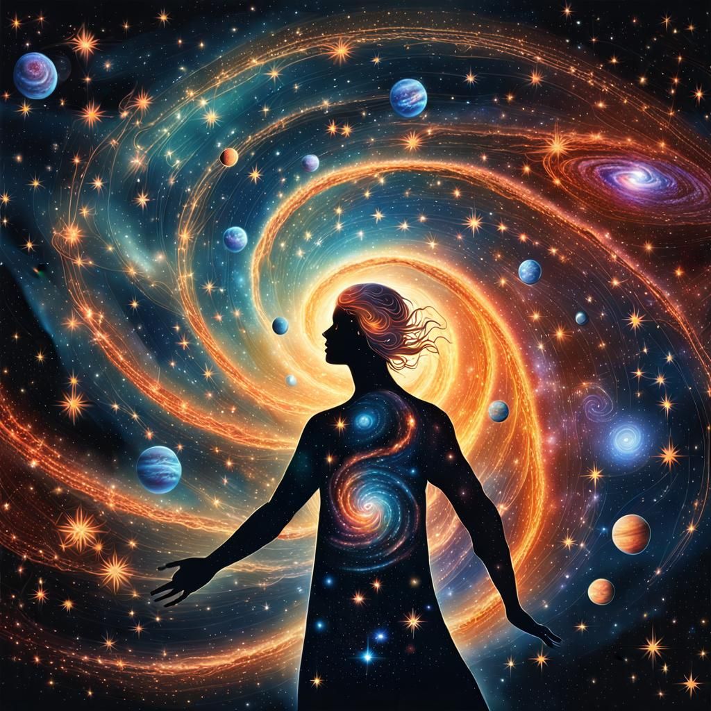 Ethereal Figure Floating Among Galactic Stars