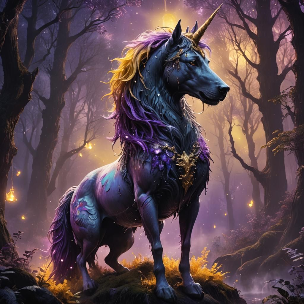 Dog Riding Unicorn in Mystical Forest: Dark Fantasy Art