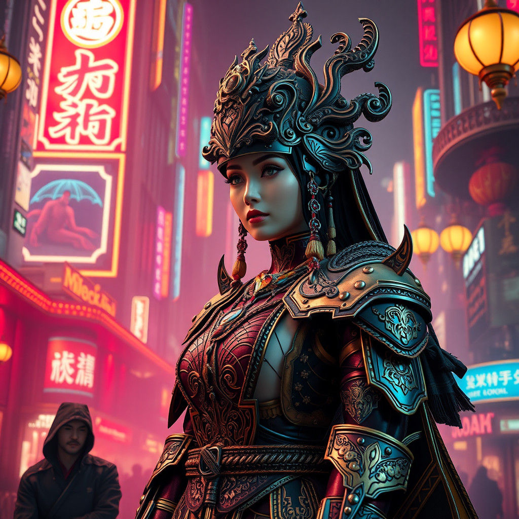 Cyberpunk Asian Queen in Ornate Armor