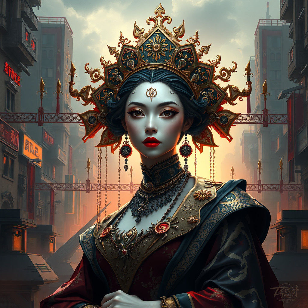 Cyberpunk Queen in Dune-Inspired Cityscape