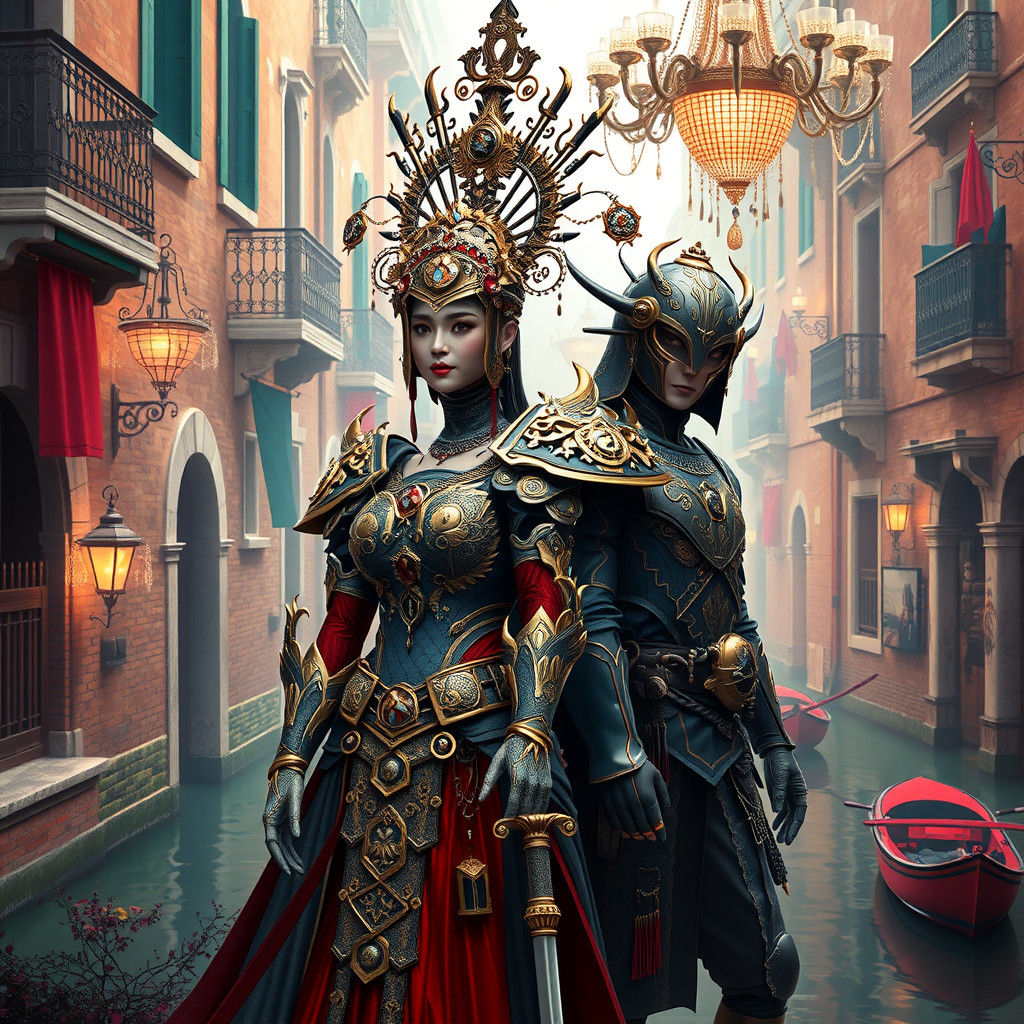 Cyberpunk Ronin and Mechanical Queen, Art Deco Style