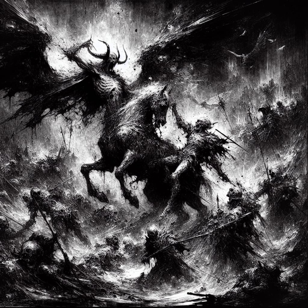 Dark Fantasy Demon Battle in Etching Style