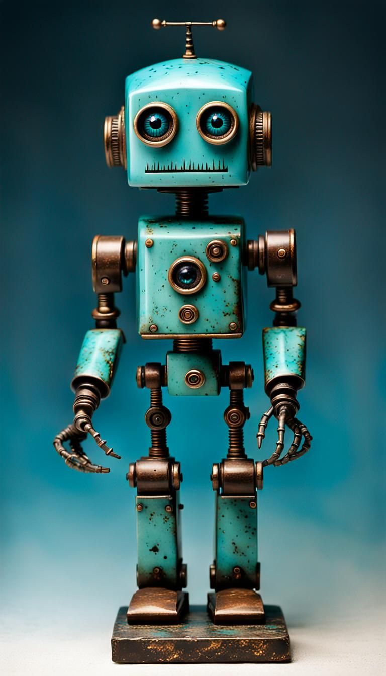 Funny Porcelain Robot with Turquoise Eyes