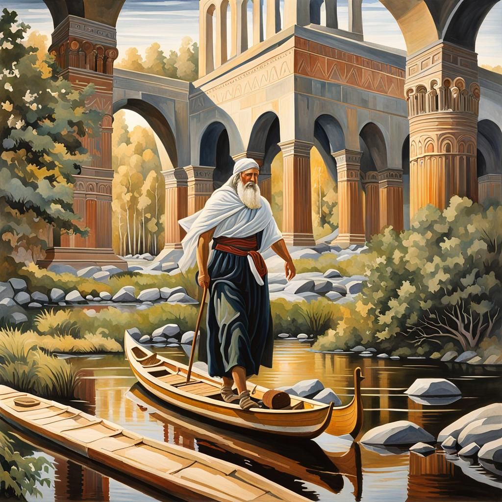 Pilgrim Crossing River in Epic Impressionist Style