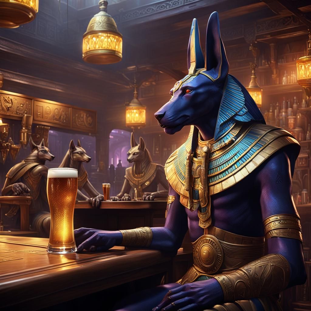 Anubis and Bastet in a Pub, Hyperdetailed Dark Fantasy