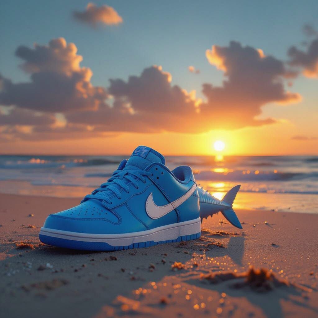 Shark With Blue Nike Fins Washed Ashore at Sunset