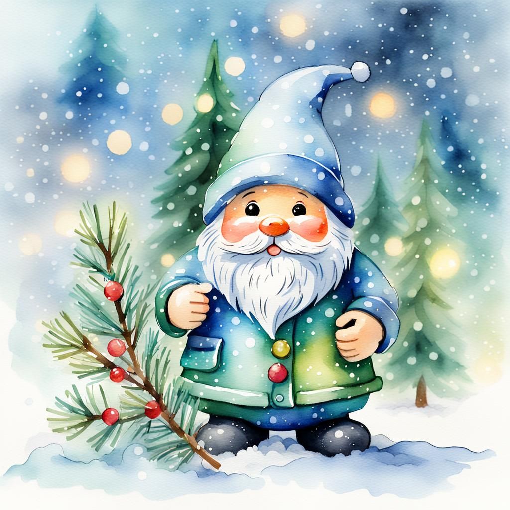 Watercolor Christmas Gnome Among Fir Branches