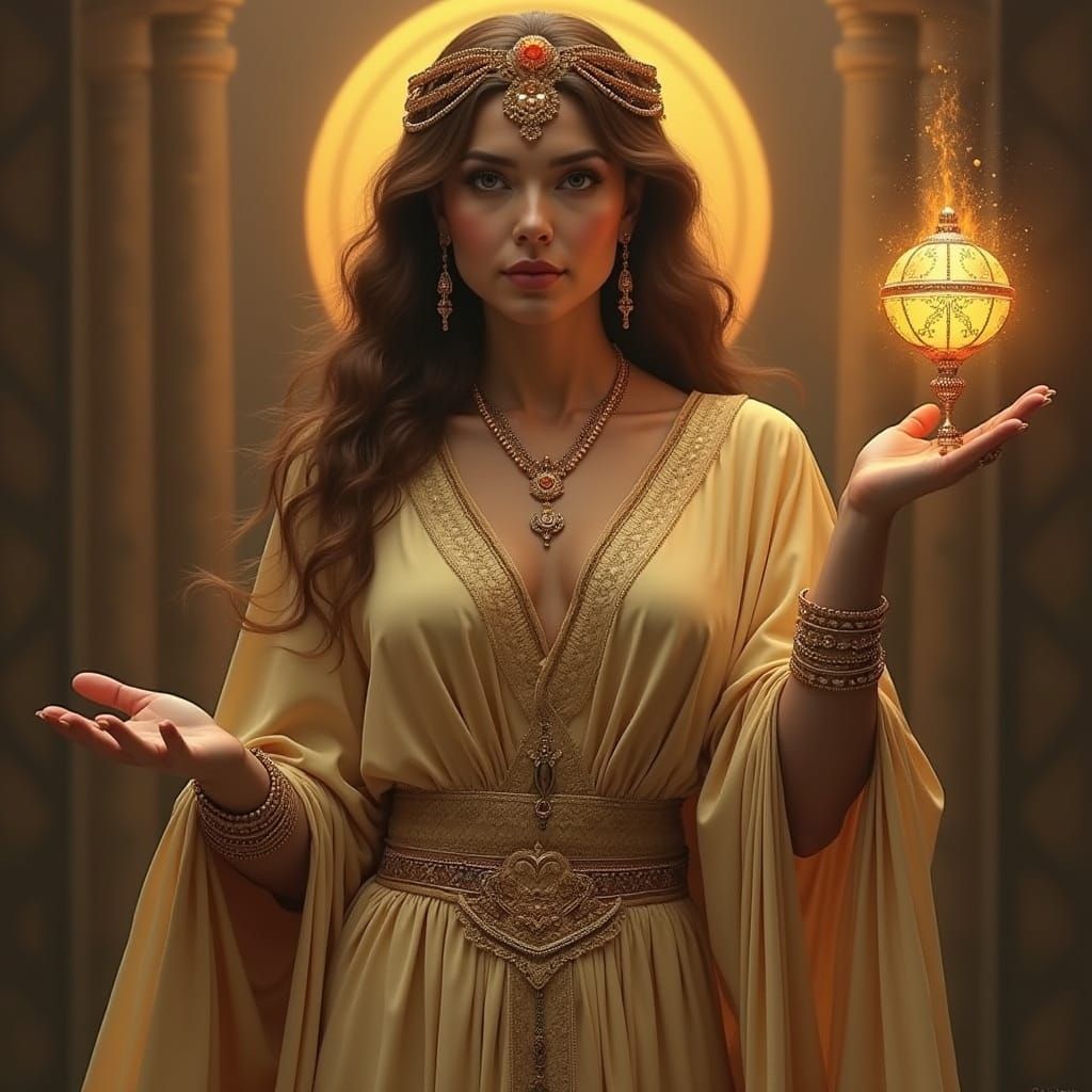 Regal Woman with Orb and Cornucopia in Art Nouveau Style